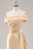 Load image into Gallery viewer, Off the Shoulder Champagne Long Satin Formal Dress with Side Cape