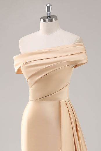 Off the Shoulder Champagne Long Satin Formal Dress with Side Cape