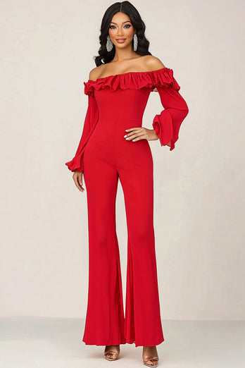 Queendancer Women Red Chiffon Prom Jumpsuit Off the Shoulder Ruffled Long Sleeves Mother of the Bride Dress