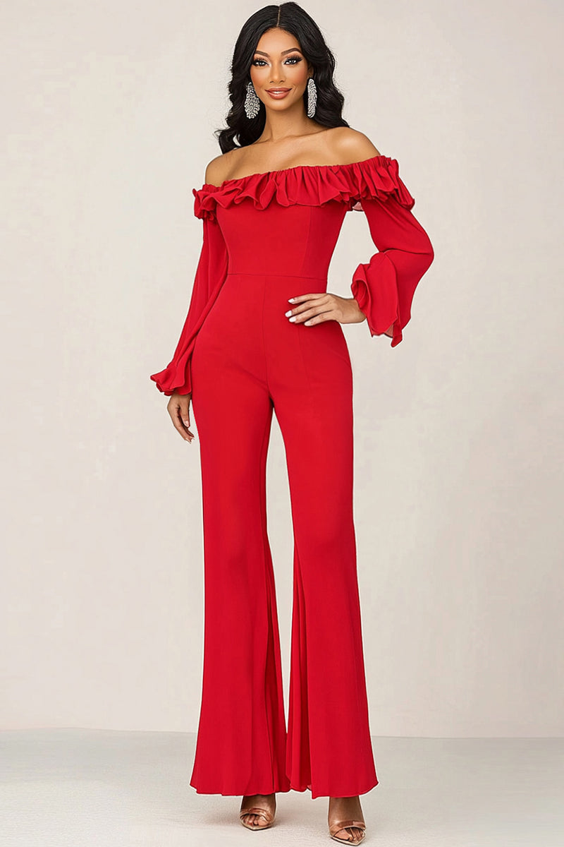 Load image into Gallery viewer, Queendancer Women Red Chiffon Prom Jumpsuit Off the Shoulder Ruffled Long Sleeves Mother of the Bride Dress