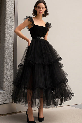 Queendancer Women Black Tulle Formal Dress A Line Square Neck Tiered Tea Length Prom Dress