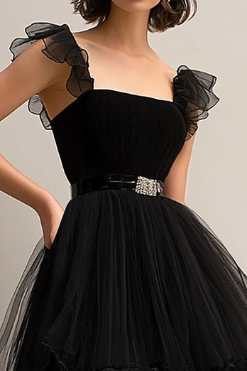 Black Tulle A Line Square Neck Tiered Tea Length Formal Dress