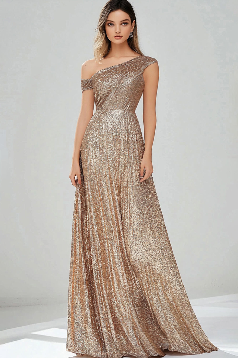 Queendancer Women Sparkly Gold Sequin Formal Dress A Line Asymmetrical Floor Length Prom Dress