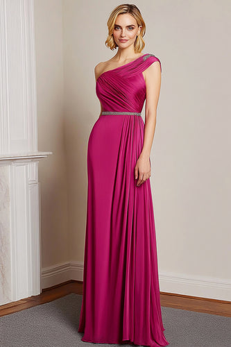 Queendancer Women Fuchsia Formal Dress with Beading One Shoulder Pleated Long Prom Dress