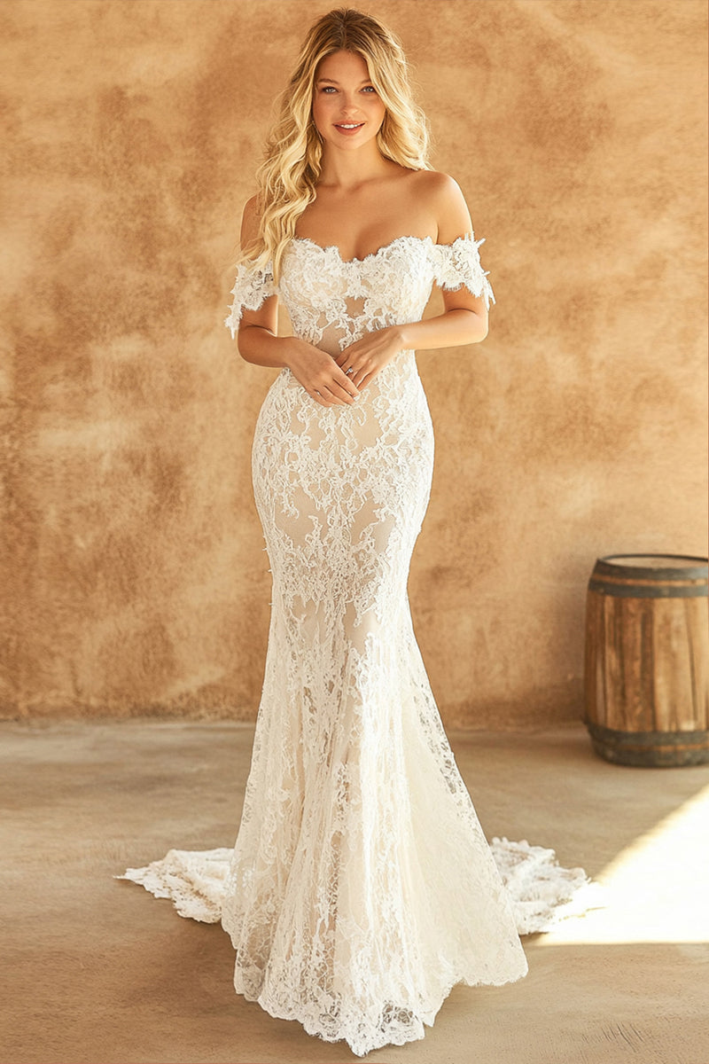 Load image into Gallery viewer, Queendancer Women Boho White Lace Off the Shoulder Mermad Sweep Train Wedding Dress