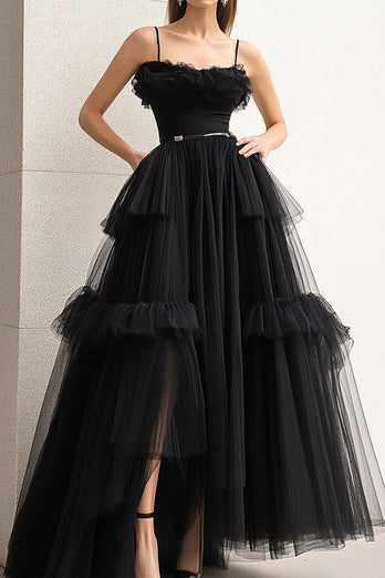 Queendancer Women Black Tulle Formal Dress with Slit A Line Spaghetti Straps Ruffled Long Prom Dress