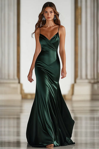 Queendancer Women Dark Green Formal Dress Satin Mermaid Spaghetti Straps Long Military Ball Dress