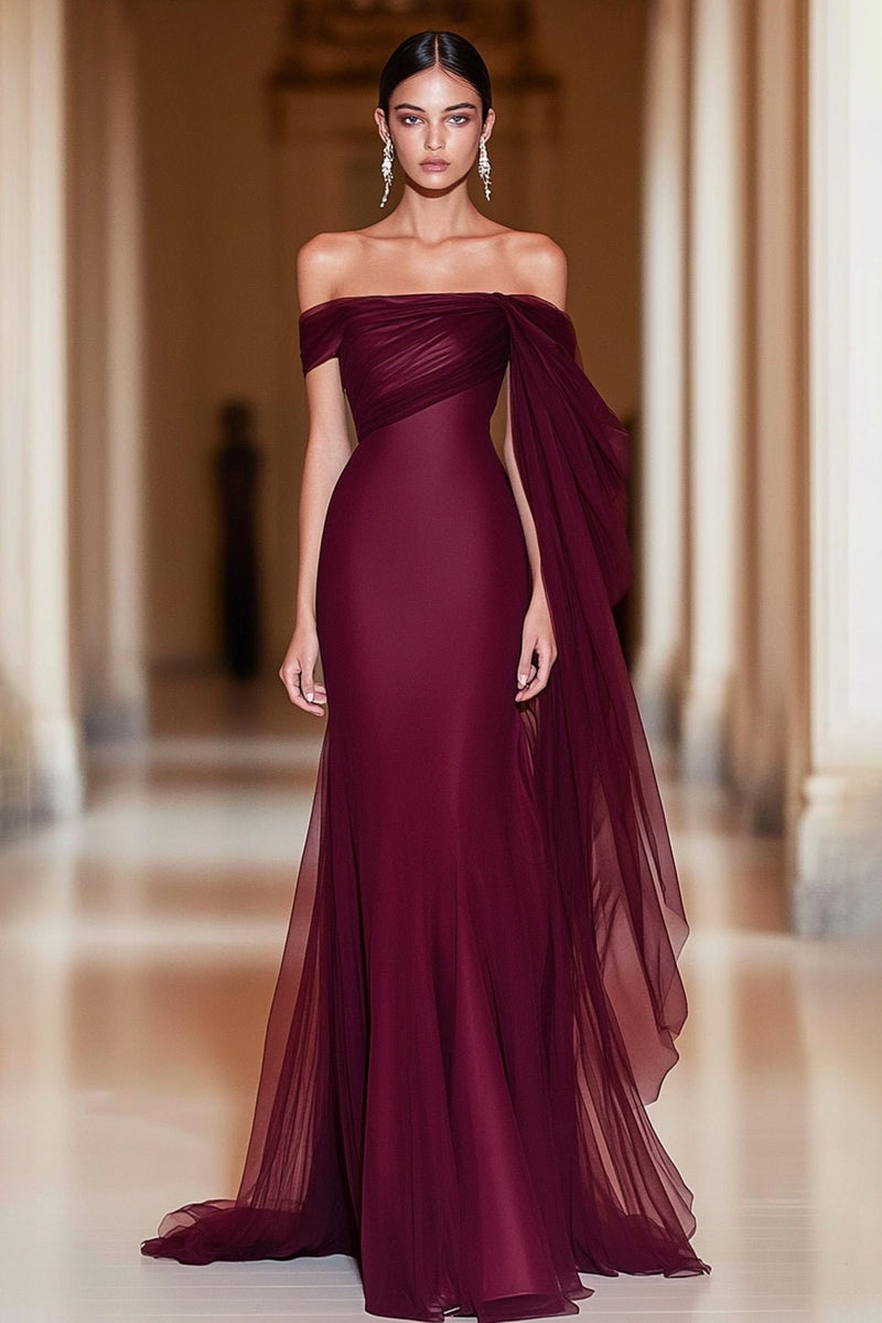 Load image into Gallery viewer, Queendancer Women Cabernet Formal Dress Sheath Off the Shoulder Cape Long Military Ball Dress