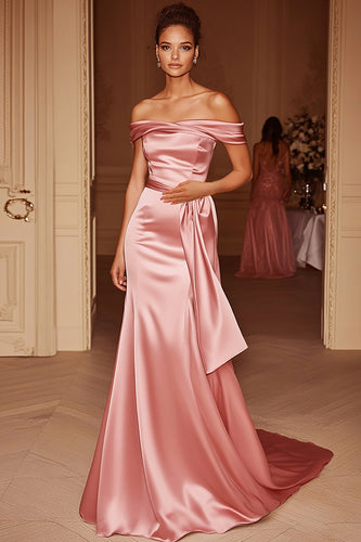 Blush Satin Off the Shoulder Mermaid Long Formal Dress