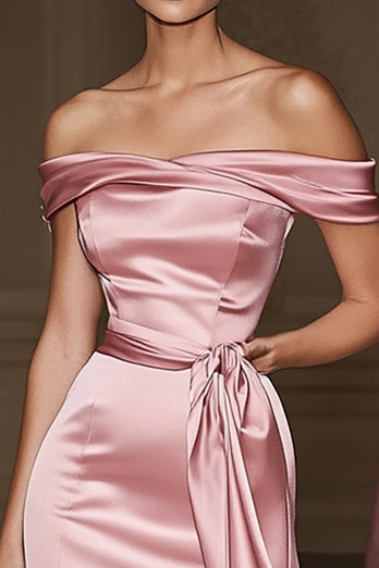 Blush Satin Off the Shoulder Mermaid Long Formal Dress