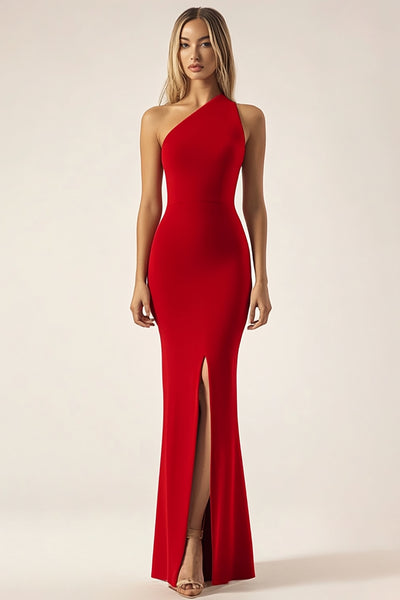 Queendancer Women Red Satin Formal Dress with Slit Sheath One Shoulder Floor Length Military Ball Dress