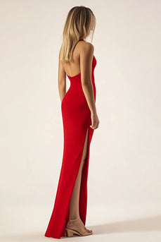 Red One Shoulder Sheath Satin Floor Length Formal Dress with Slit