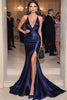 Load image into Gallery viewer, Queendancer Women Navy Satin Formal Dress with Slit Mermaid V-Neck Floor Length Military Ball Dress