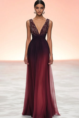 Sparkly Burgundy V-Neck Sheath Long Formal Dress