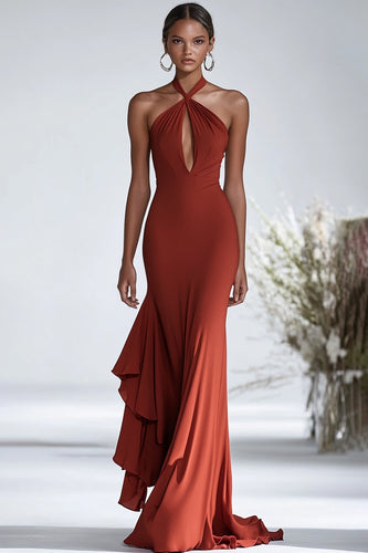 Terracotta Sheath Halter Chiffon Long Formal Dress with Slit