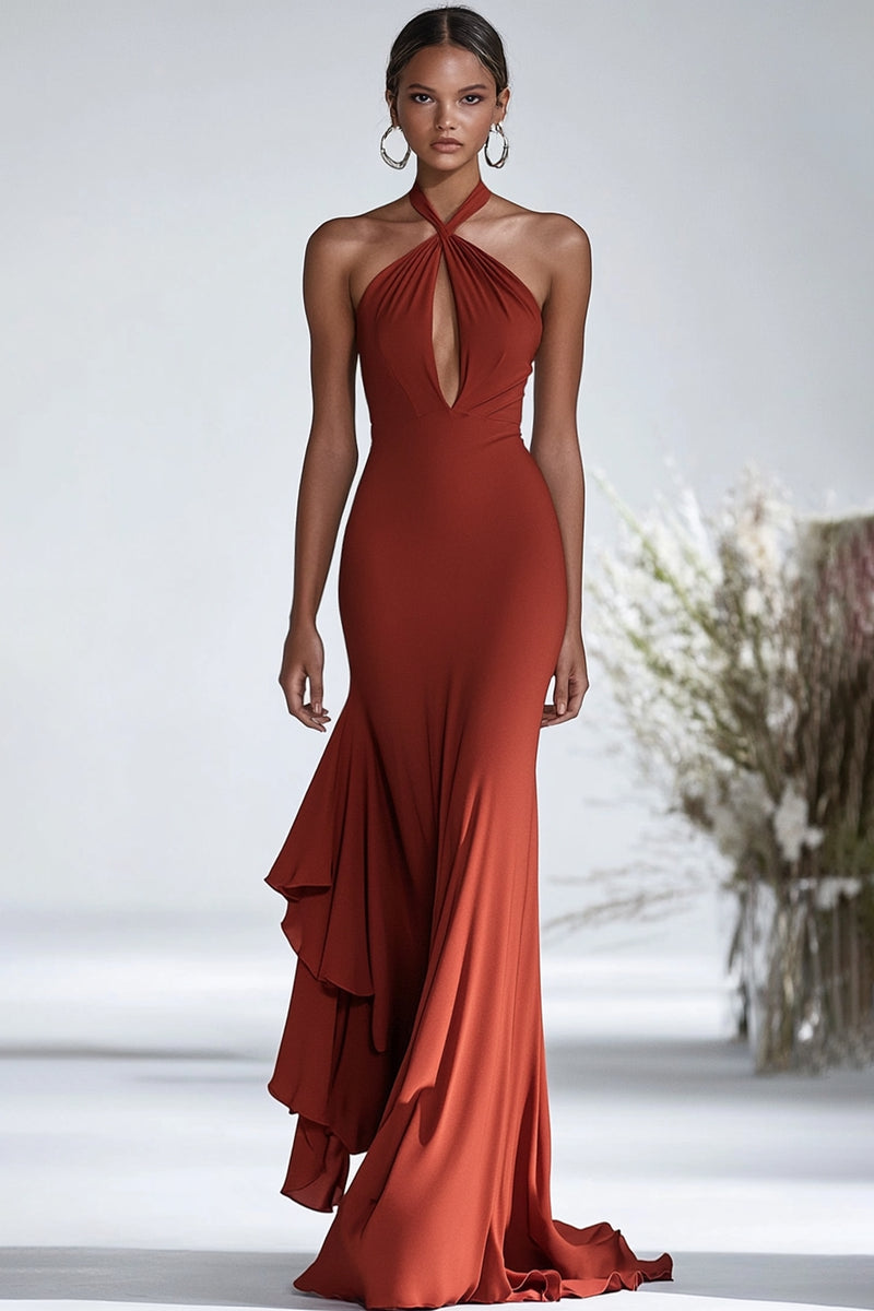 Load image into Gallery viewer, Terracotta Sheath Halter Chiffon Long Formal Dress with Slit