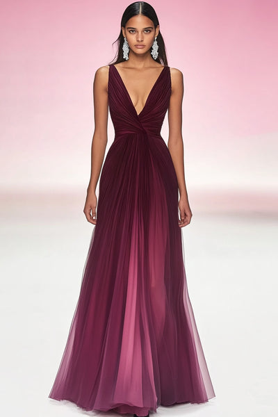 Cabernet A Line V-Neck Pleated Long Formal Dress