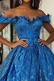 Royal Blue Ball Gown Floral Off the Shoulder Long Prom Dress