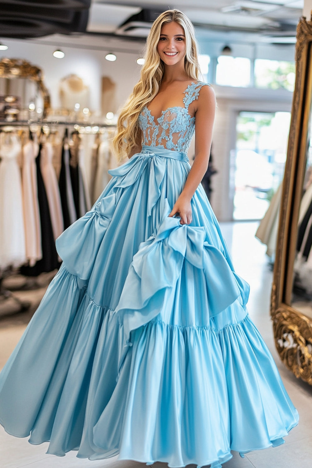 Ball Gown Sky Blue Corset Long Prom Dress with Lace