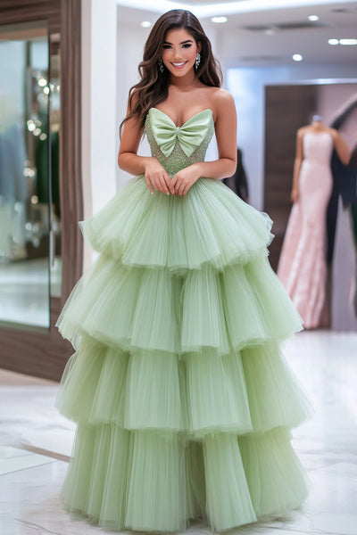 Ball Gown Tulle Dusty Sage Strapless Floor Length Prom Dress