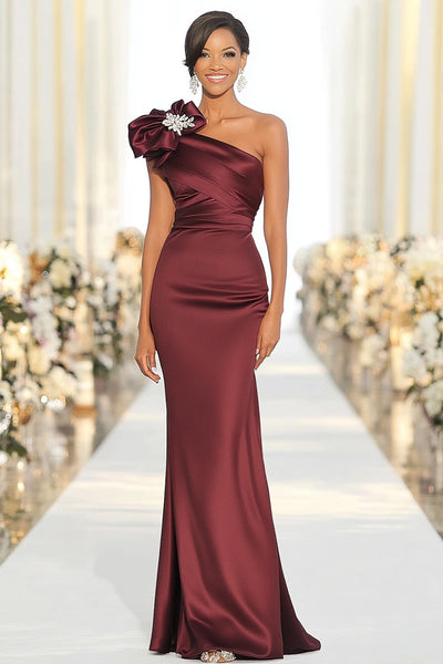 Glitter Burgundy Satin Sheath One Shoulder Long Formal Dress