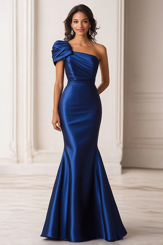 Dark Blue Mermaid Ruched One Shoulder Long Formal Dress