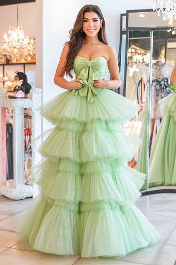 Dusty Sage Ball Gown Tiered Sweetheart Long Prom Dress