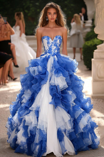 Blue White Corset Sweetheart Ball Gown Long Prom Dress