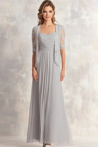 Silver Square Neck Floral Mother of the Bride Dress with Lace