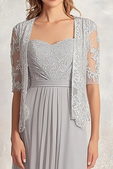 Silver Square Neck Floral Mother of the Bride Dress with Lace