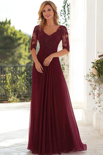 Lace V-Neck Burgundy A Line Mother of the Bride Dress