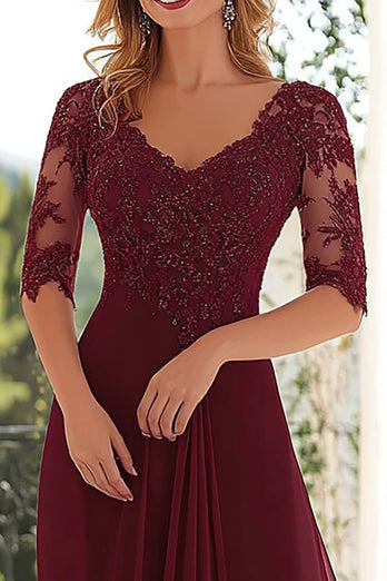 Lace V-Neck Burgundy A Line Mother of the Bride Dress