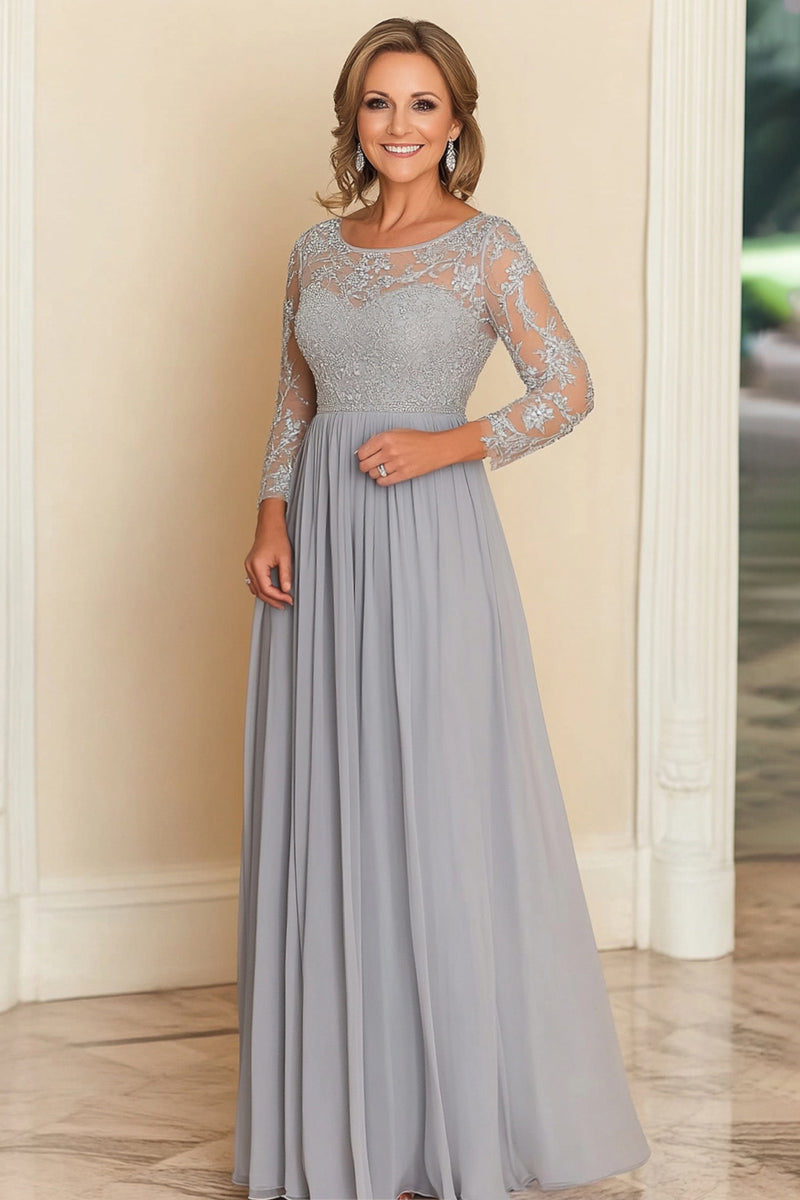 Load image into Gallery viewer, Scoop Silver A Line Chiffon Mother of the Bride Dress with Lace Sleeves