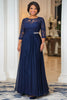 Load image into Gallery viewer, Navy Glitter Chiffon Flowy Mother of the Bride Dress with Lace