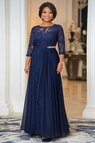 Navy Glitter Chiffon Flowy Mother of the Bride Dress with Lace