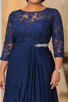 Navy Glitter Chiffon Flowy Mother of the Bride Dress with Lace