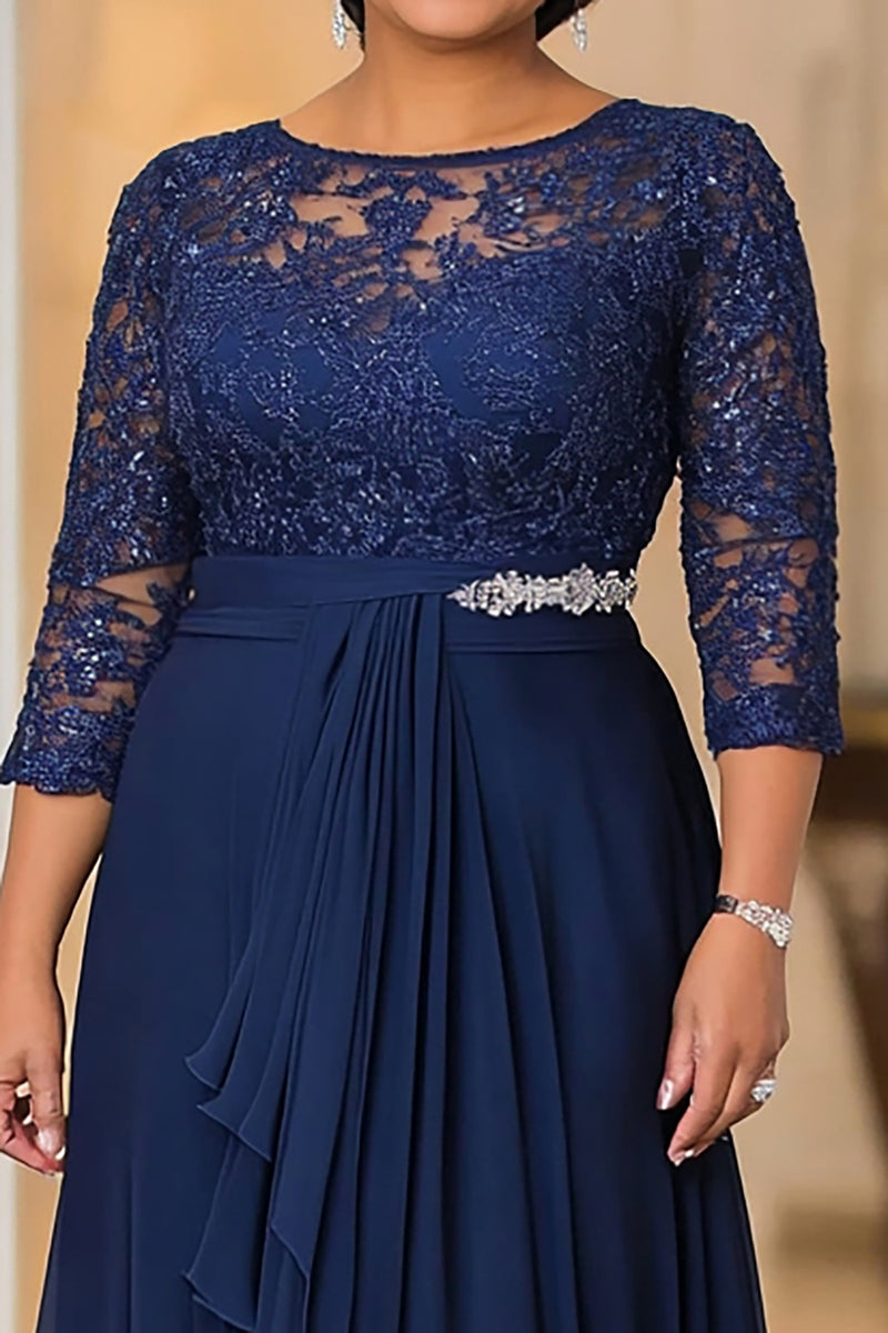 Load image into Gallery viewer, Navy Glitter Chiffon Flowy Mother of the Bride Dress with Lace