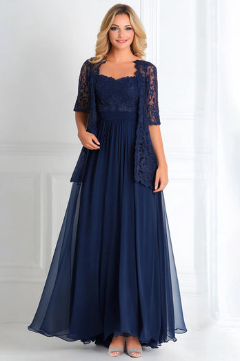 Navy 2 Piece A Line Mother of the Bride Dress with Lace Jacket