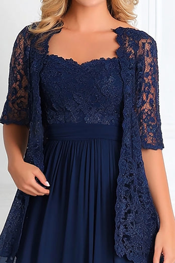 Navy 2 Piece A Line Mother of the Bride Dress with Lace Jacket