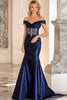 Load image into Gallery viewer, Sparkly Navy Off the Shoulder Satin Mother of the Bride Dress