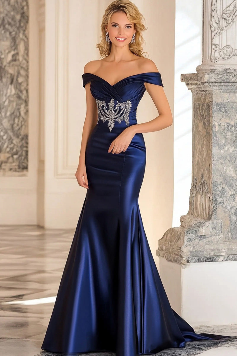 Load image into Gallery viewer, Sparkly Navy Off the Shoulder Satin Mother of the Bride Dress