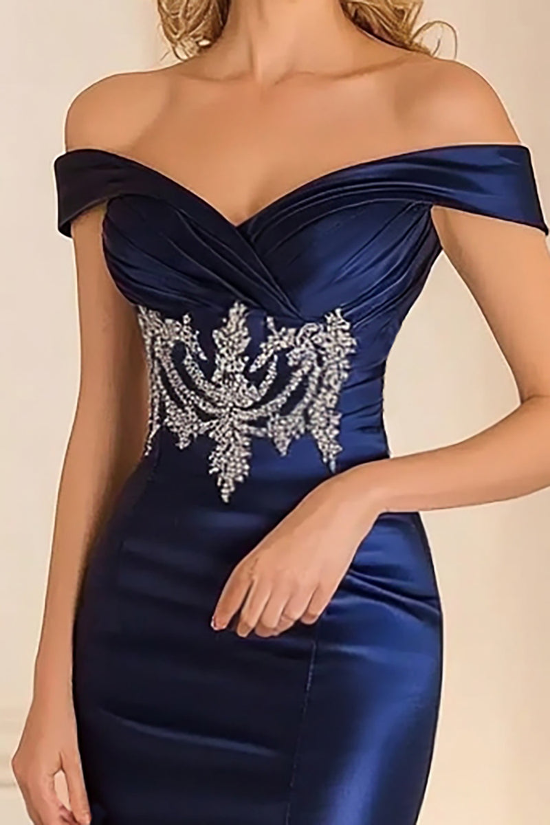 Load image into Gallery viewer, Sparkly Navy Off the Shoulder Satin Mother of the Bride Dress