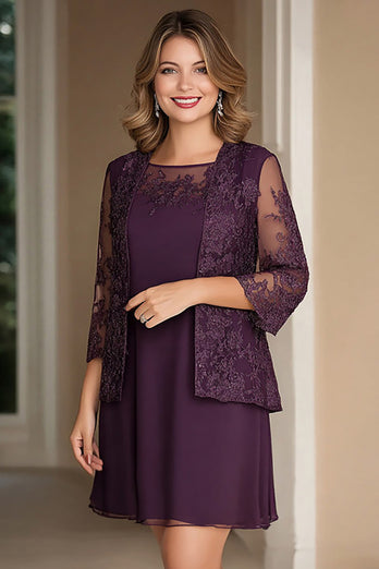 Plum Pencil 3/4 Sleeves Short Mother of the Bride Dress with Jacket