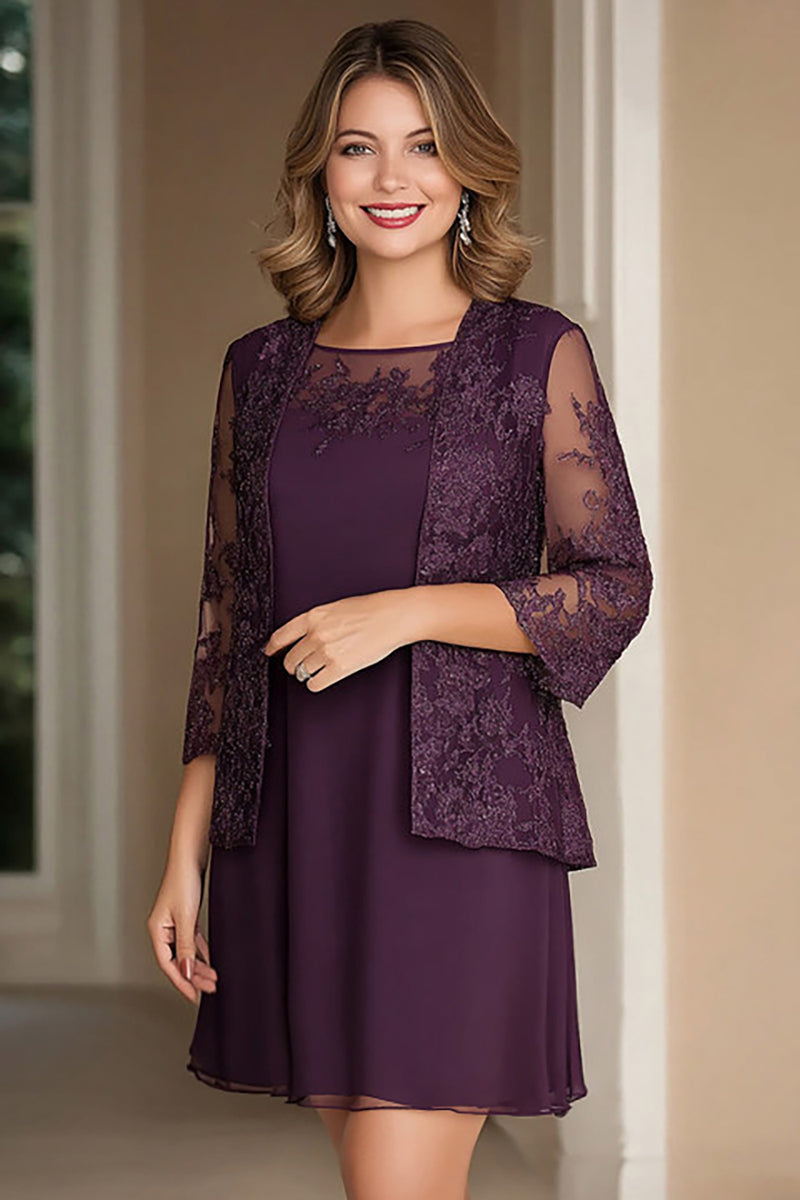 Load image into Gallery viewer, Plum Pencil 3/4 Sleeves Short Mother of the Bride Dress with Jacket