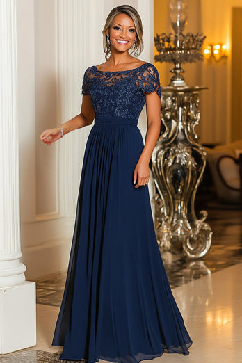 Navy Chiffon A Line Mother of the Bride Dress with Short Sleeves