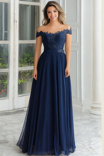 Floral Off the Shoulder Navy Mother of the Bride Dress