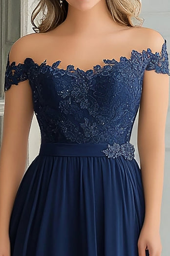 Floral Off the Shoulder Navy Mother of the Bride Dress