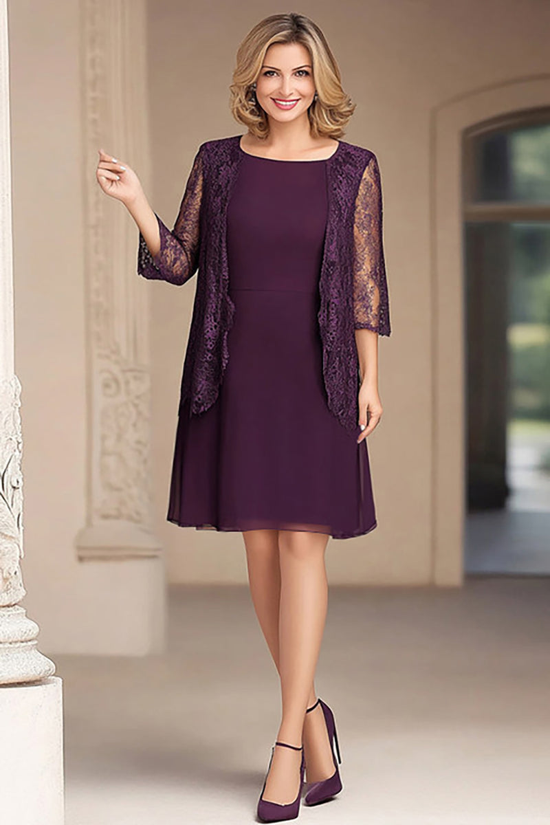 Load image into Gallery viewer, Plum Chiffon Knee Length Mother of the Bride Dress with Jacket