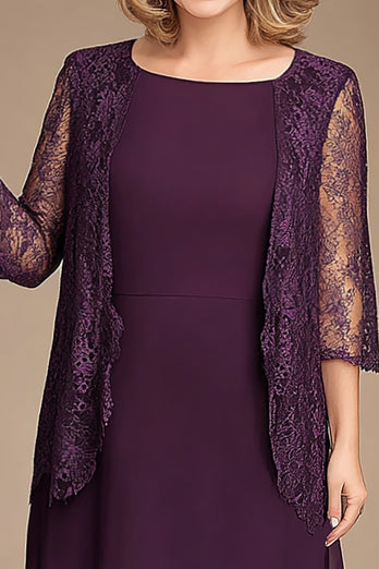 Plum Chiffon Knee Length Mother of the Bride Dress with Jacket