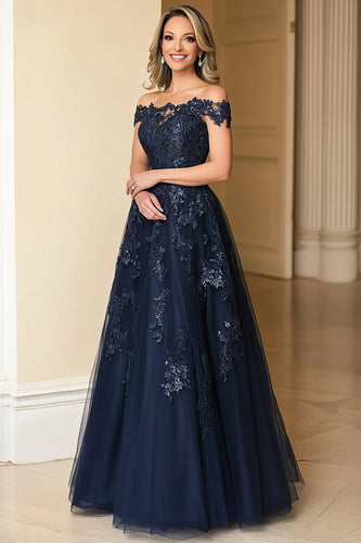 Floral Navy Off the Shoulder Tulle Mother of the Bride Dress